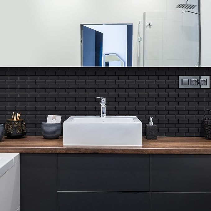 Matte Black Peel and Stick Subway Tiles for Kitchen, Thicker Design Stick on Tlies for Living Room, Large 10-Sheet Self-Adhesive Kitchen Backsplash (12''×12'')