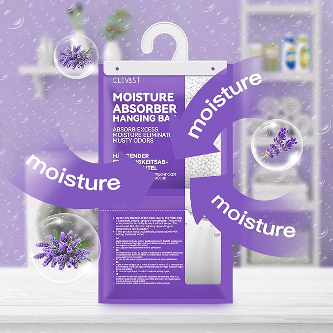CLEVAST Moisture Absorbers Packets - 15.2 OZ, 6 Pack Large Dehumidifier Bags for Closet, Hanging Humidity Absorber in Wardrobes, Bedrooms, Bathrooms - Lavender Scented