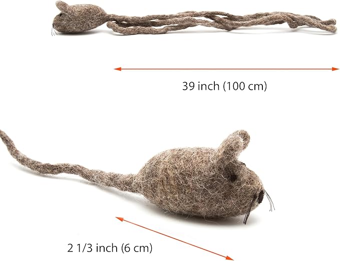 Glaciart One Felt Mouse Cat Toy – Soft Fuzzy Enrichment 100% Natural Wool - Interactive Catnip Play Cat Toy Set - Safe for Pets, Non-AZO Colored Dyes - 42” Long