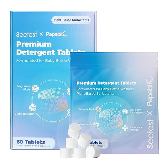 Papablic & Seetest Upgraded 60Pcs Detergent Soap Tablets, One-Tablet Deep Cleaning, UltiPept Enzyme Formula, Compatible with All Brands of Baby Bottle Washer, Gentle for Bottles & Pump Parts