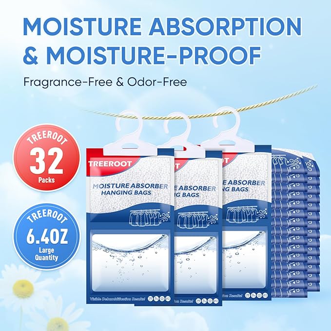 32 Pack Moisture Absorbers for Closet, 6.4OZ Hanging Closet Dehumidifier Bags, Hanging Humidity Absorber in Wardrobes, Kitchens and Bathrooms, Fragrance Free Portable Moisture bags