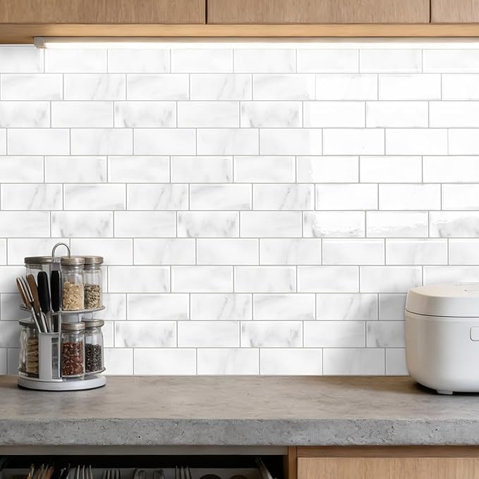 Subway Backsplash Tile Peel and Stick, Marble White Self Adhesive Tiles for Kitchen, 10-Sheet Stick on Backsplash for Kitchen and Bathroom (11.56x8.38)