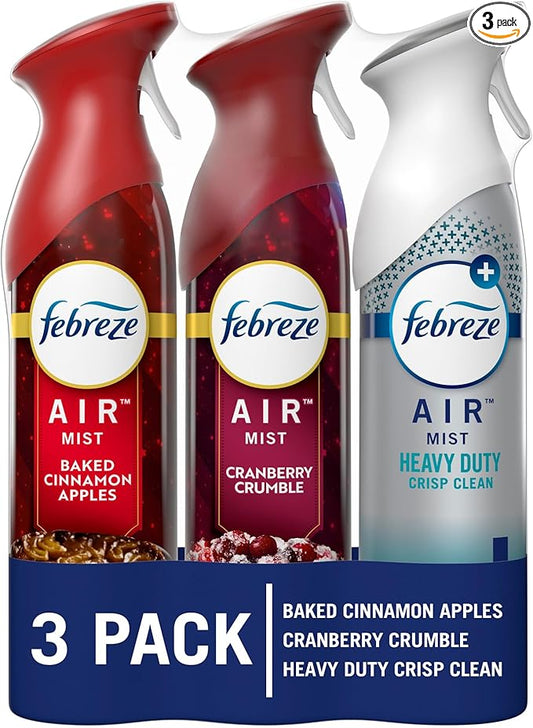 Febreze Air Mist Air Freshener Spray, Odor-Fighting Room Spray for Home, Bathroom, & Kitchen, Holiday Scents, Baked Cinnamon Apples & Cranberry Crumble & Heavy Duty Scents, 8.8oz, 3ct (1 of each)