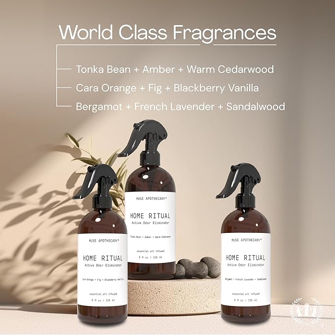 Muse Apothecary Home Ritual Active Odor Eliminator Spray - Furniture Deodorizer Spray & Bathroom Odor Eliminator for Home - Essential Oil Air Freshener - 4oz, Cara Orange + Fig + Blackberry Vanilla