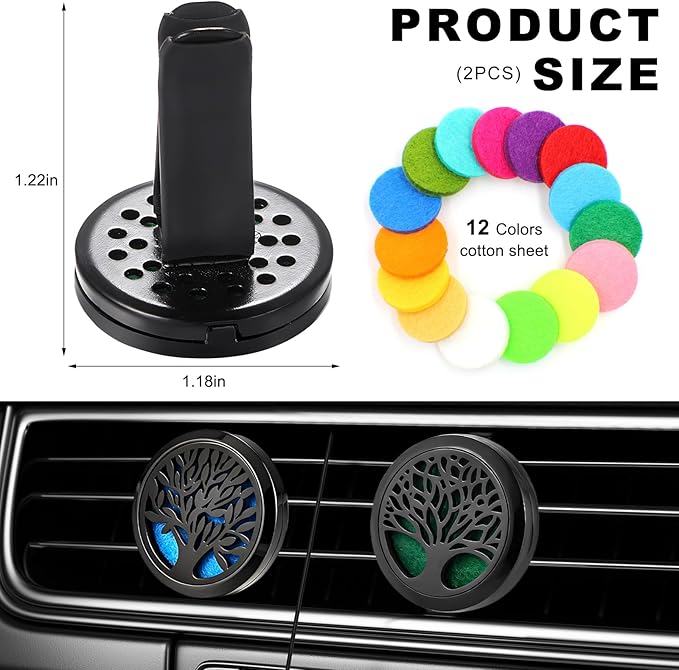 2PCS 30mm Car Diffuser Vent Clips, Tree of Life Aromatherapy Essential Oil Diffuser Locket with 12 Felt Pads, Stainless Steel Car Diffuser Locket Air Freshener (Style 5)