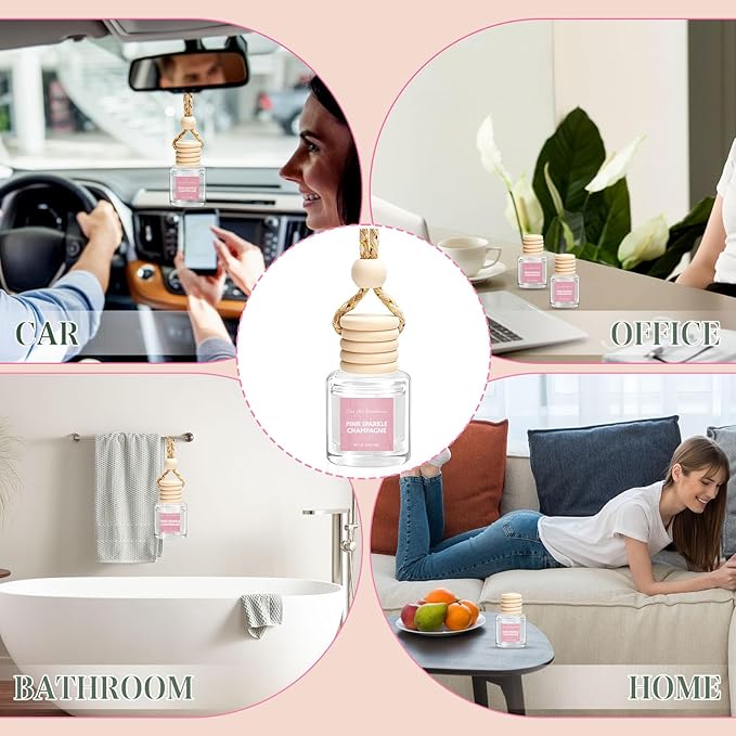 AROIC Car Air Freshener - Pink Sparkle Champagne Fragrance, 6 Pack Long Lasting Essential Oil Fragrance Diffuser, Hanging Cute Automotive Perfumes Interior Decor, Pink Car Accessories for Women & Men