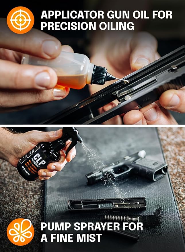 Gun Cleaning Oil Kit 3-in-1 Cleans, Lubes, Protects - 6.8 Oz Sprayer Gun Oil Cleaner and Lubricant, Needle Oiler, Cleaning Patches, Cleaning Swabs and Brush - Gun Oil and Cleaning Kit