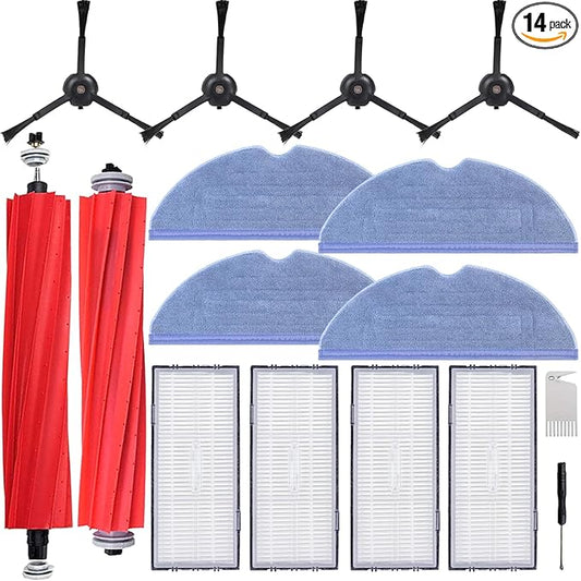 S7 Replacement Parts for Roborock S7 MaxV Plus T7S Robot Vacuum - 2 Main Brushes, 4 Mop Cloths, 4 Filters, 4 Side Brushes, Red