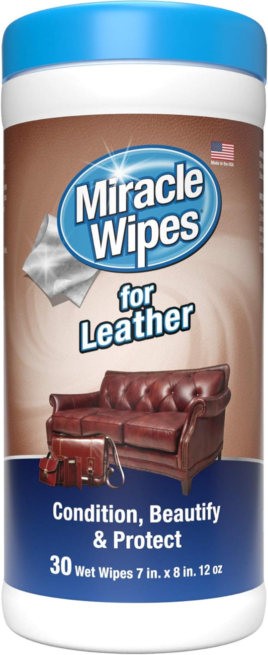MiracleWipes for Leather Cleaning & Conditioning, Vehicle, Furniture, Shoes, Jacket, Interior, Upholstery, Cleans, Protects, and Moisturizes Leather, Prevent Fading and Cracking - 30 Count