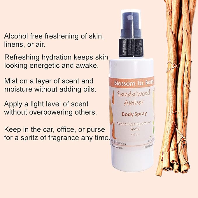 Blossom to Bath Sandalwood Amber Body Spray (4 Ounce) - Phthalate Free Fragrance - Energizes Skin with a Woodsy Warm Scent