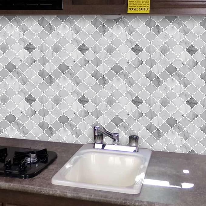 Arabesque Peel and Stick Tile for Kitchen, 12” X 12” Mix Grey Self-Adhesive Kitchen Backsplash in Marble, 10-Sheet 3D Self-Adhesive Wall Tile Stick on Tiles Backsplash(Thicker Design)