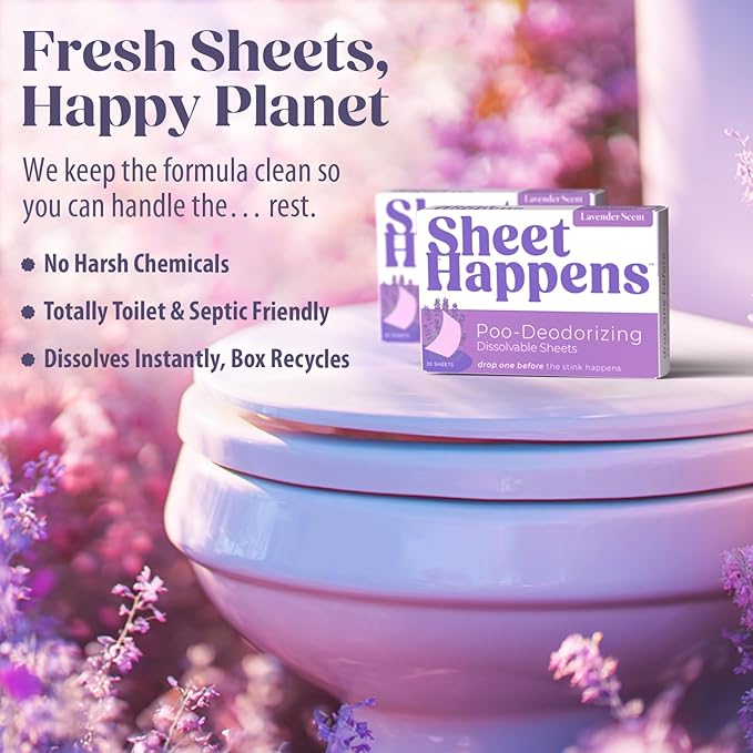 Sheet Happens Pre-Poo Toilet Sheets, Lavender Field Scent, 2 Pack, 40 Dissolvable Odor-Stopping Sheets, Toilet Spray Alternative That Removes Poop Odor Quietly, Septic Safe, Travel Essentials
