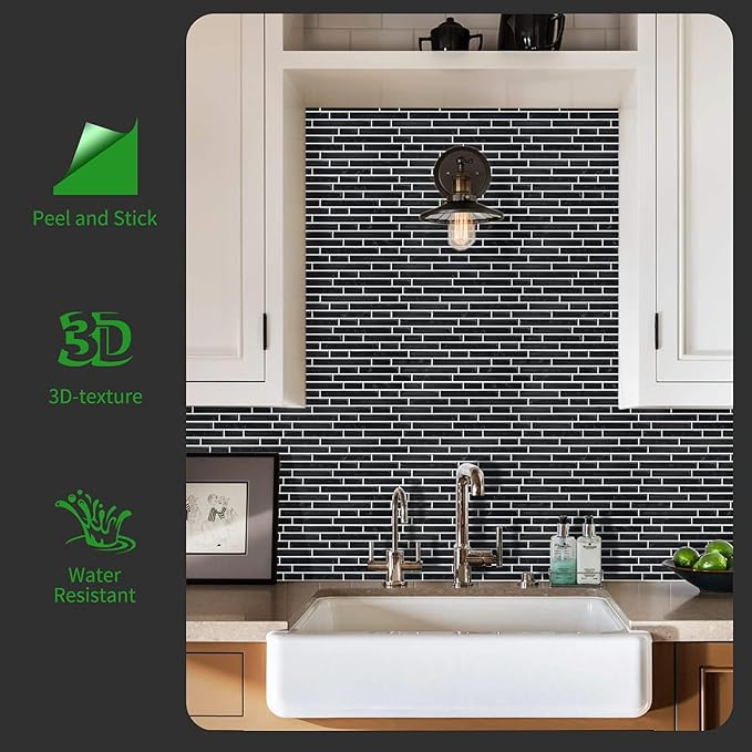 LONGKING 10-Sheet Self-Adhesive Peel and Stick Backsplash for Kitchen, Vinyl Decorative Tiles (Black)