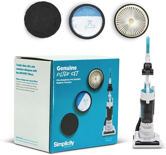 Simplicity Vacuums Certified HEPA Replacement Filter Set, Fits SVPET Bagless Upright Vacuum Cleaner, 3-Piece Set with HEPA Media, Electrostatic, and Foam Filters for Pet Hair, Dust, and Dirt, SFSVPET