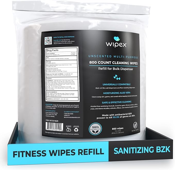 Wipex Fitness Wipes Refill - 800ct Antibacterial Hand Sanitizing Wipe with Safe Plant Based Cloth, Bulk Commercial Size - Great for Gyms, Studios, Clubhouse & Public Facilities