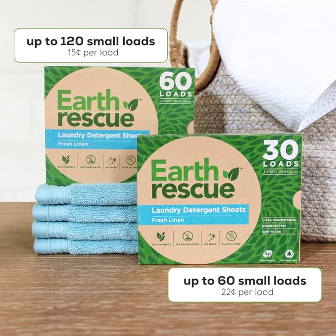 Earth Rescue Laundry Detergent Sheets - Up To 120 Loads (60 Sheets) - Ultra Concentrated Liquidless Dry Laundry Detergent, Ideal For Sensitive Skin, Eco Friendly, Plastic Free - Fresh Linen