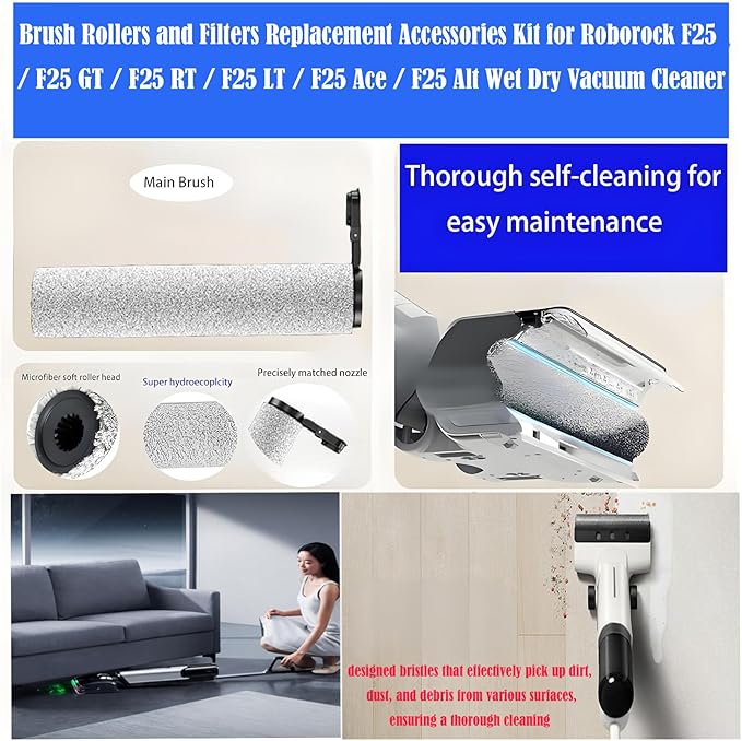 Brush Rollers and Filters Replacement Accessories Kit for Roborock F25 / F25 GT / F25 RT / F25 LT / F25 Ace / F25 Alt Wet Dry Vacuum Cleaner, Includes Roller Brush Filter Spare Parts Attachments