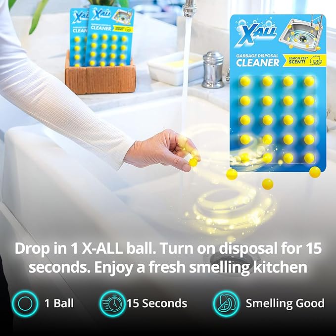 X-ALL Garbage Disposal Cleaner Deodorizer Tablets – 24 Pack, New Powerful Foaming Formula - Deep Cleaning and Odor-Eliminator with Lemon Scent - Natural Kitchen Cleaning Care