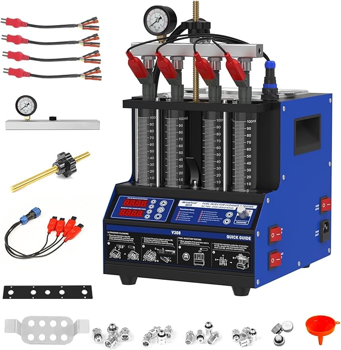 Fuel Injector Cleaner Tester Machine,V308 Heated Ultrasonic Cleaner Tester with 9 Test Modes, 4 Cylinder Fuel System Injection Cleaning Tool Kit for Motorcycle Most Car Injectors (V308)