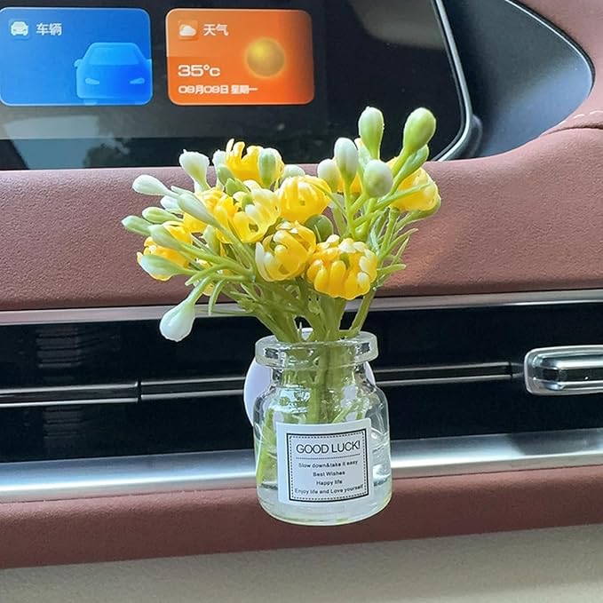 Set of 4 Cute Flower Bouquet in Glass Vase Car Air Freshener Vent Clips, Mini Artificial Flowers for Car Air Vent Decoration, Auto Interior Dash Ornament Accessories