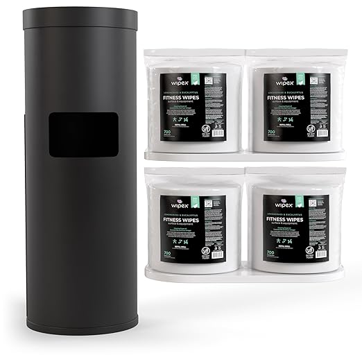 Wipex Wipe Dispenser Refill Bundle - EWG Verified - 2800 Count 8x8" Plant-Based Gym Wipes, Lemongrass & Eucalyptus Scent, Cleaning Wipes Bulk with Black Stainless Steel Floor Dispenser & Trashcan