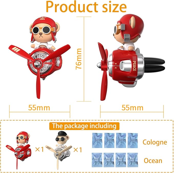 2Pcs Car Air Fresheners, Cute Bear Pilot Automotive Air Outlet Creative Car Perfume Diffuser, Automotive Accessories Air Vent Decoration with 8 Fragrant Tablets (Red 1+Silver 1)