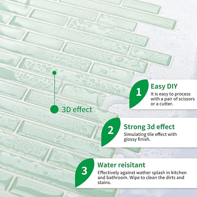 LONGKING 10-Sheet Self-Adhesive Peel and Stick Backsplash for Kitchen, Vinyl Decorative Tiles (Teal)