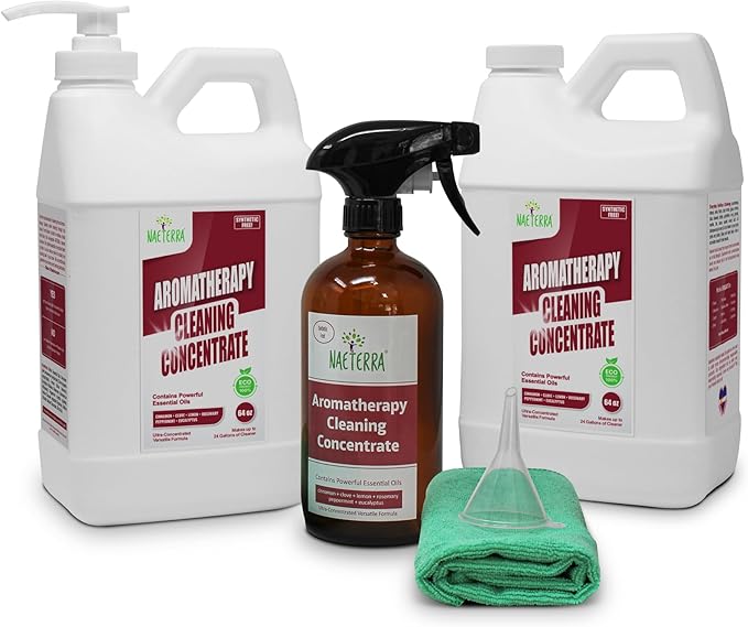 Naeterra 128 oz Aromatherapy Cleaning Concentrate – Natural Multi-Surface Cleaner, with legendary Essential Oils, Makes 48 Gallons, Safe for Floors, Glass & Granite, Pet Friendly, Bonus Items Included