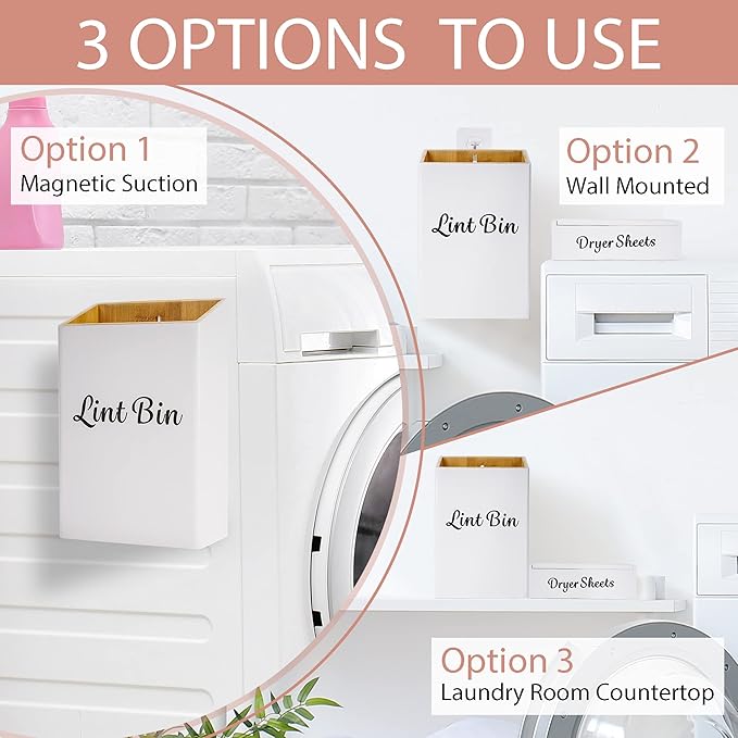 FJO Magnetic Lint Bin for Laundry Room - Bamboo Magnetic Lint Bin with Lid, Wall Mounted Dryer Sheet Holder Laundry Pods Dispenser Set,Farmhouse Magnet Trash Can Decor, Lint Box for Laundry Room
