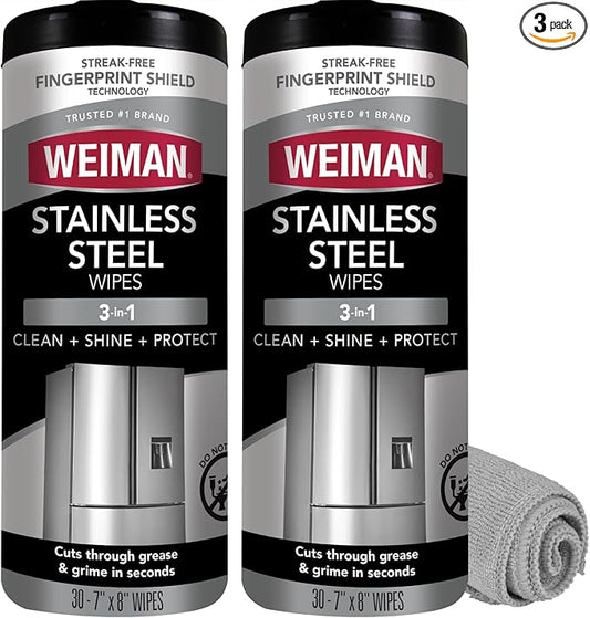 Weiman Stainless Steel Cleaner & Polish Kit, 2 Wipes & Cloth, Anti-Fingerprint, Removes Grease, Water Spots, Streaks & Residue, Polishing Cleaner Safe for Appliances, Chrome, Sinks & Grill Exteriors