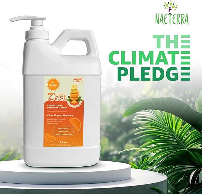 Naeterra Citrus Zest All-Purpose Cleaning Concentrate Kit – 64 oz Jug Makes 24 Gallons | Includes 16 oz Amber Glass Spray Bottle | Energizing Citrus Essential Oils | EWG Green-Rated Ingredients