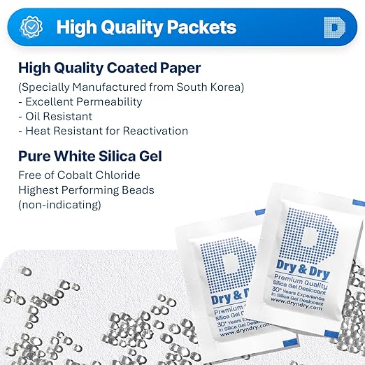 Dry & Dry 5 Gram [50 Packets] Silica Gel Packets Silica Gel Desiccants, Silica Gel Packs - Rechargeable Moisture Absorbers for Food Storage, Electronics, 3D Filament & Safes