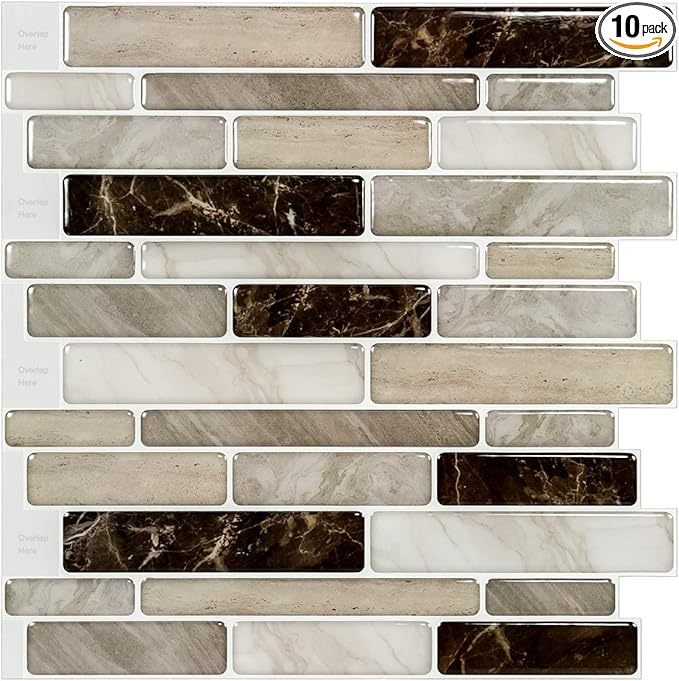 LONGKING Self-Adhesive Kitchen Backsplash, Marble Look Decorative Tiles (10 Tiles) (Light Brown)
