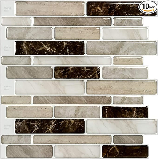 LONGKING Self-Adhesive Kitchen Backsplash, Marble Look Decorative Tiles (10 Tiles) (Light Brown)