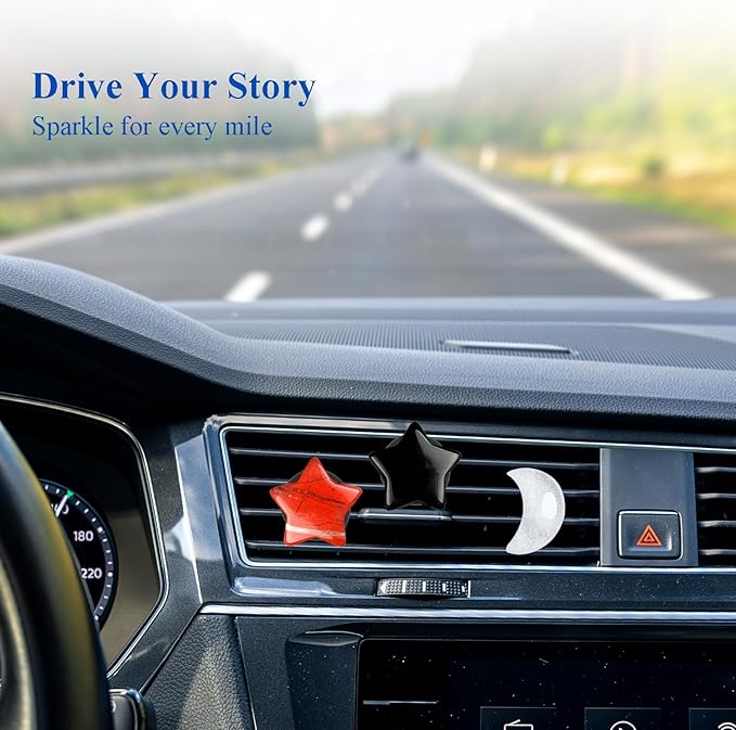 Moon Stars Car Decor,Boho Air Vent Clips,Refillable Car Fresheners,3pcs Natural Crystal Stone Hippie Dashboard Decorations Accessories,Best Wishes for Lover and Friend (Black & Red)
