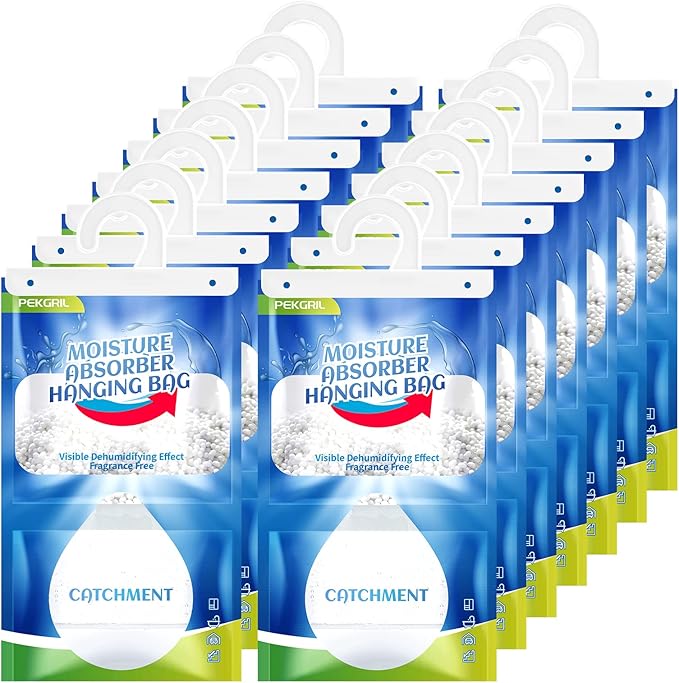 PEKGRIL Moisture Absorber Packets 14-Packs, 15 oz Hanging Dehumidifier Bags, Fragrance Free Humidity Packs for Closet, Bathroom, Kitchen, 420g/Pack