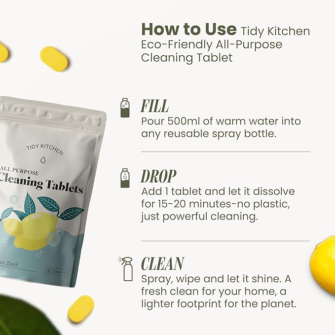 Tidy Kitchen All-Purpose Cleaner Tablets - Multi-Surface Cleaner for Counters, Stovetops, Tile, Wood, Bath, and Glass - Compact Water-Activated Tablet Refills, 10 Pack