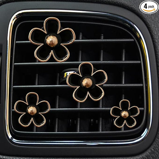 Daisy Air Vent Clips, 4 Pcs Cute Flower Car Air Conditioning Outlet Clip Car Air Freshener Clip Charm Car Inter Decor Accessories for Women (Black)