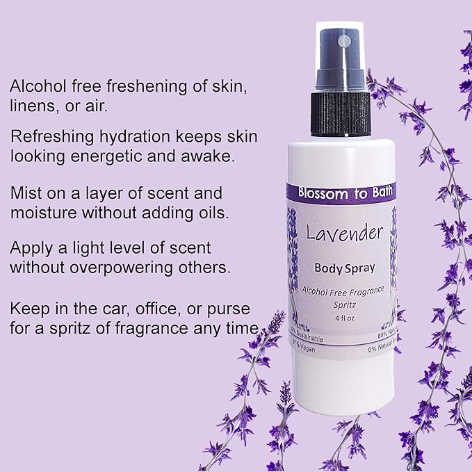 Blossom to Bath Lavender Body Spray (4 Ounce) - Pure Essential Oil Fragrance - Energizes Skin with a Relaxing Comforting Scent