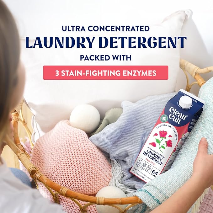 Cleancult Ultra Concentrated Liquid Laundry Detergent, 64 loads (32 oz), Long Lasting Scent, 90% Less Plastic, No Harsh Chemicals, Rose Petal, Defeats Stains & Odors, HE/Standard Compatible