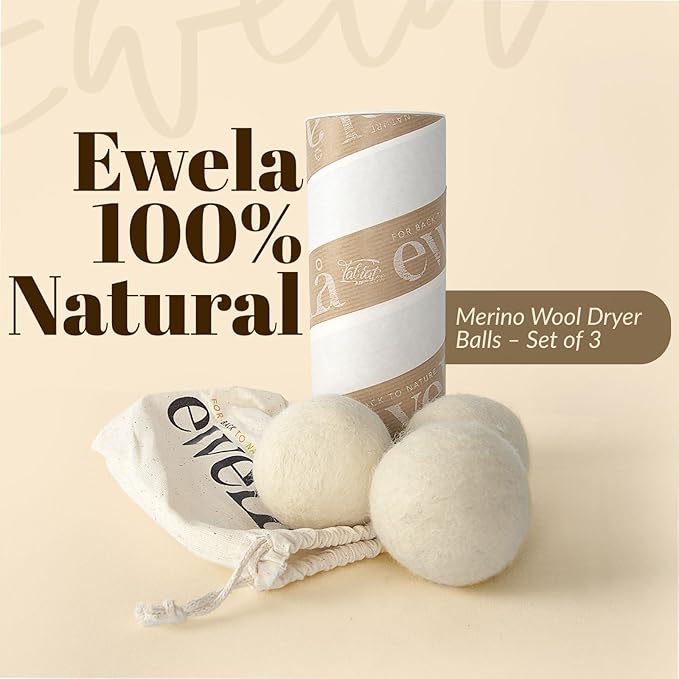 Ewela 100% Natural Merino Wool Dryer Balls, Set of 3, Reusable Chemical-Free Fabric Softener, Natural White, 7-8 cm Diameter