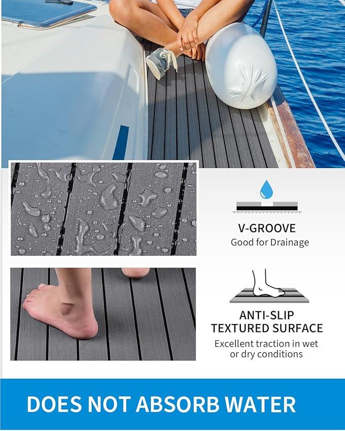 OCEANBROAD EVA Foam Boat Flooring with 3M Adhesive Backing Marine Self-Adhesive Decking 96''x45.6''/36''/28.8''/16.8'', 48''x16.8'' Faux Teak Sheet for Jon Boats Swim Platform Helm Pad RV Floor