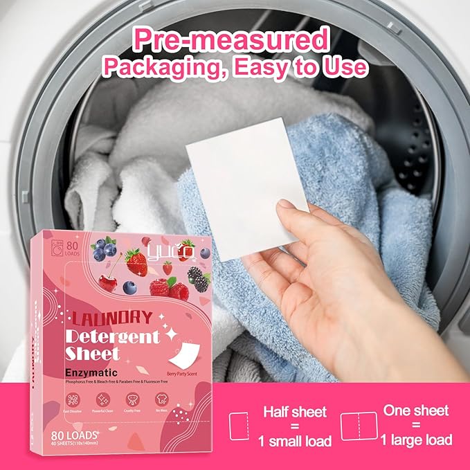YUCO Laundry Detergent Sheets Berry Scent 80 Loads Eco Laundry Soap Washer Sheet, Liquidless Washing Detergent Sheets for Laundry for Travel, Plastic Free, Hypoallergenic
