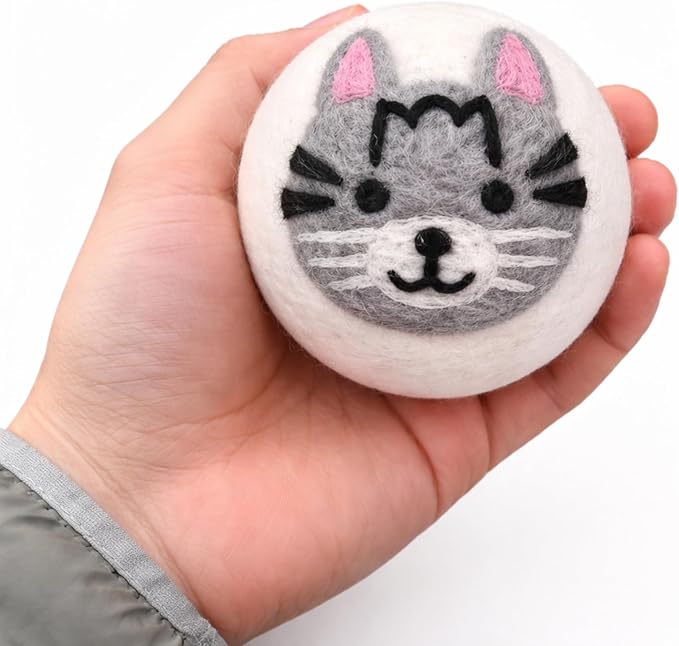 Wool Dryer Balls Organic Felt 6 Pack Laundry Fabric Softener, Extra Large Reusable Handmade Natural Sheep Wool Lint Wrinkle Free Anti Static Baby Safe (Cat)