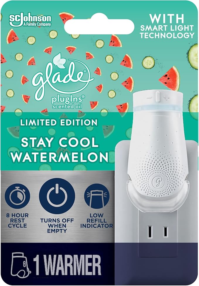 Glade PlugIn Plus Air Freshener Starter Kit, Scented Oil for Home and Bathroom, Stay Cool Watermelon, 0.67 Fl Oz, 1 Warmer + 1 Refill Clear