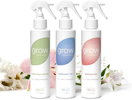 Grow Fragrance Spring 3-Pack ??Non-Toxic Air Freshener Spray ??Green Tea Matcha, Hibiscus Tea & Wildflower Rain ??100% Plant-Based Essential Oils ??Safe for Home, Car & Linens ??5 oz Each