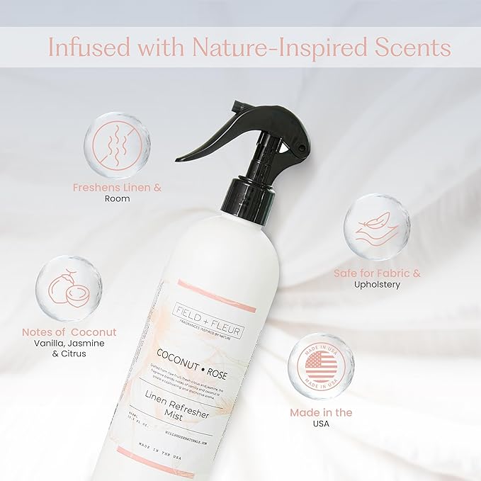 FIELD FLEUR Coconut Rose Linen & Room Spray 15.5 oz - Aromatic & Refreshing Bedding & Fabric Mist - Air Freshener for Clothes & Sofas – Notes of Coconut, Vanilla, Jasmine & Citrus - Made in USA