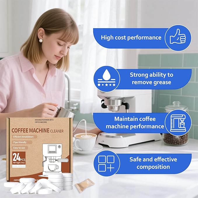 Coffee Machine Cleaner Tablets - 24 Pack | Descaling & Deep Cleaning for Keurig, Nespresso, Espresso & Drip Coffee Makers | Remove Limescale, Oil & Residue | Food Safe & Non-Toxic