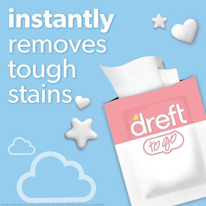 Dreft Stain Remover Wipes for Baby Clothes – Travel Size Stain Remover, Individually Wrapped for On-the-Go Use – Mild on Skin & Safe for Baby Clothes – 20 Count