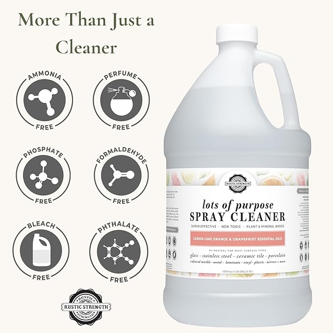 Rustic Strength Lots of Purpose Spray Cleaner, Lemon, Lime, Orange & Grapefruit, Multi-Surface, pH Balanced, Non-Toxic, Biodegradable, 1 Gallon, Plastic